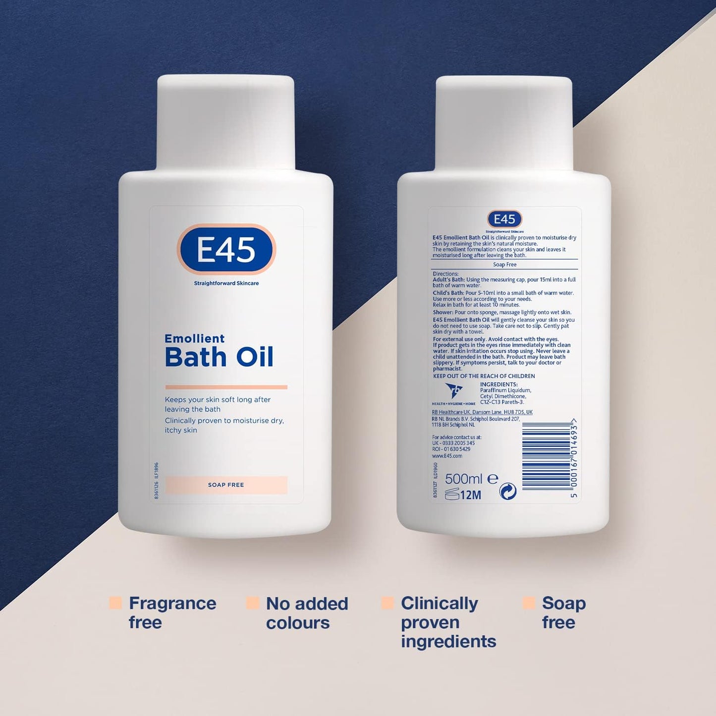 Bath Oil 500 Ml – Bath Oil Emollient to Moisturise & Hydrate Dry Skin – Gently Cleanses for Soft Skin – Soap Free & Perfume Free Emollient Bath & Shower Oil Body Wash - Dermatologically Tested