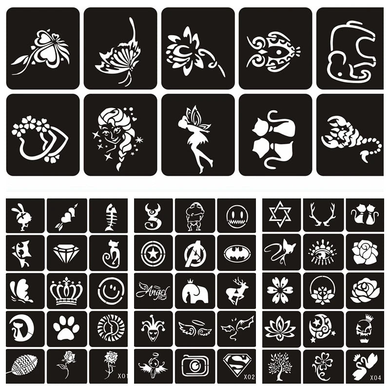70pcs/5 Sheets Small Glitter Henna Tattoo Stencil for Woman Girl Kids Flower Butterfly Cartoon Airbrush Tattoo Drawing Template