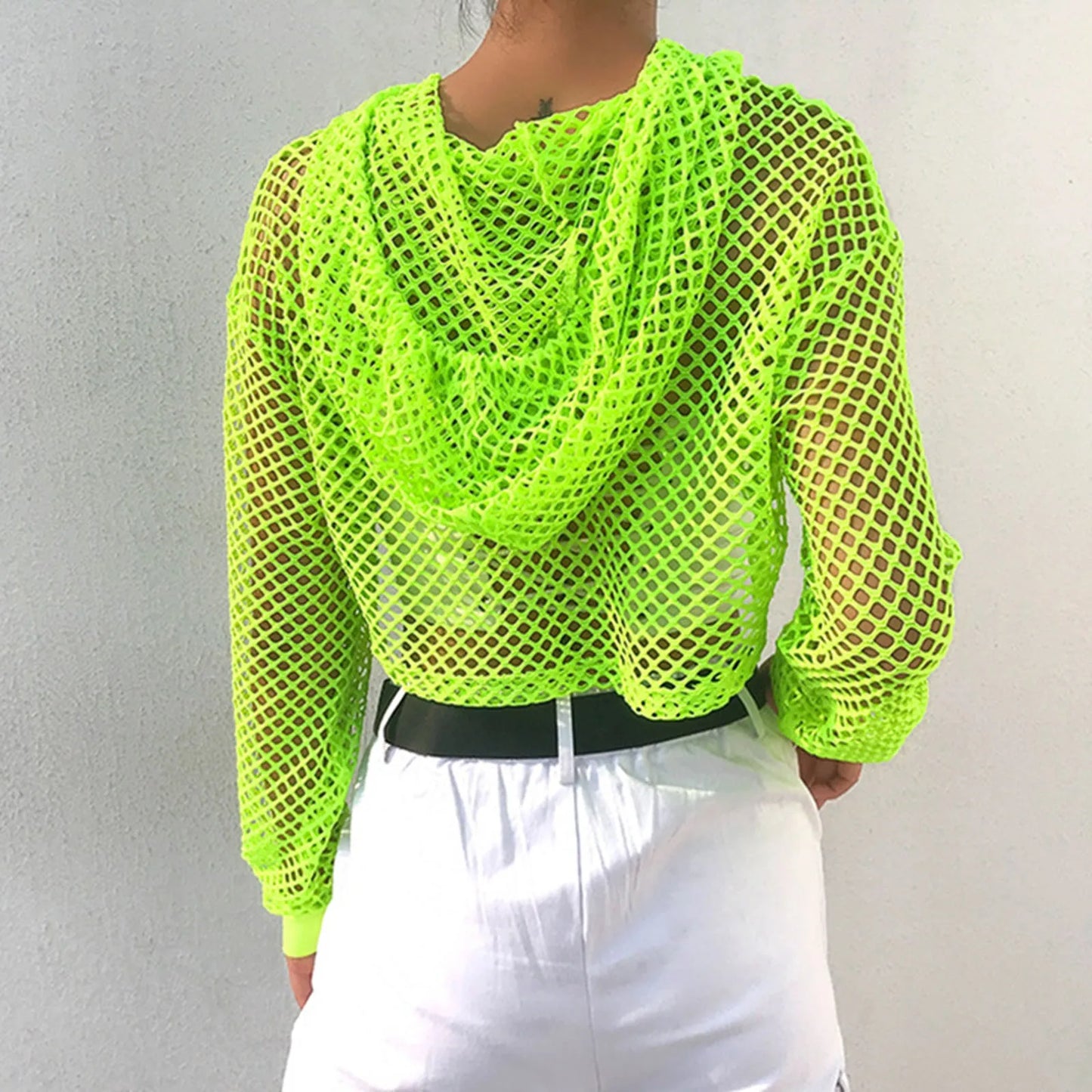 Neon Green Mesh Fishnet Crop Top Women Perspective Smock Long Sleeve Sweatshirt Women's T-shirts Sexy Cropped Shirt Streetwear