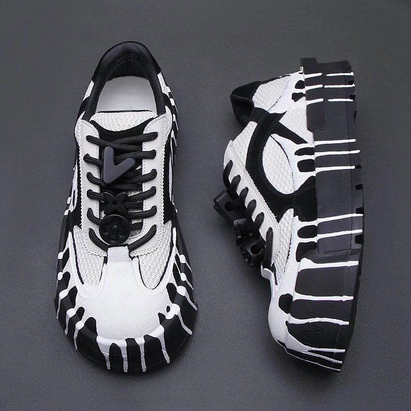 The 2025 summer new fashion design thick-soled board shoes for men and black and white two-tone casual shoes for men