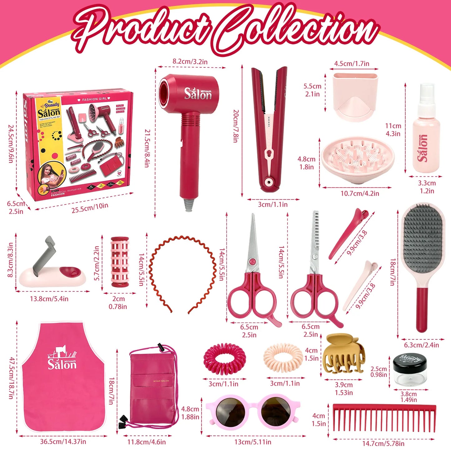 Girls Beauty Hair Salon Toy Kit Play Makeup Set with Blow Dryer Barber Costume Apron for 3+ Years Old Girl Birthday Gifts