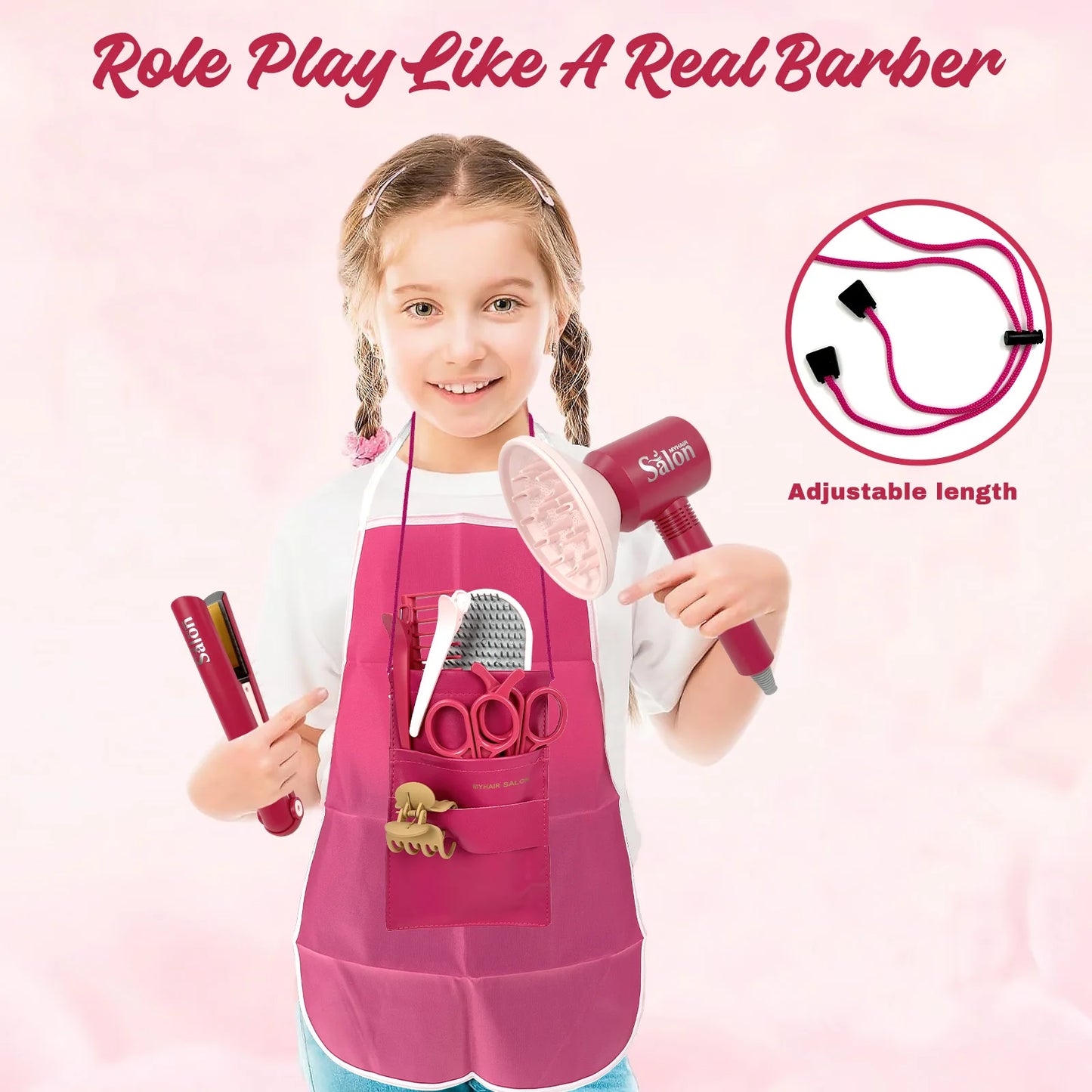 Girls Beauty Hair Salon Toy Kit Play Makeup Set with Blow Dryer Barber Costume Apron for 3+ Years Old Girl Birthday Gifts