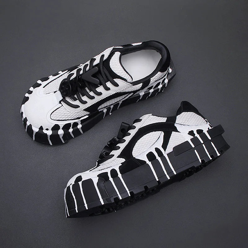 The 2025 summer new fashion design thick-soled board shoes for men and black and white two-tone casual shoes for men