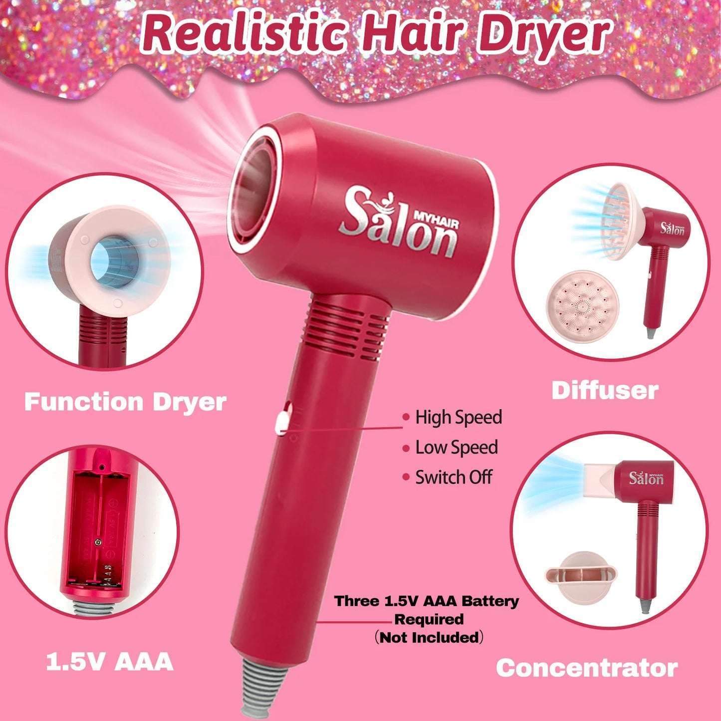 Girls Beauty Hair Salon Toy Kit Play Makeup Set with Blow Dryer Barber Costume Apron for 3+ Years Old Girl Birthday Gifts