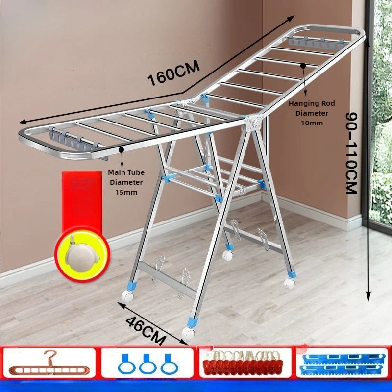 Stand Folding Clothes Drying Rack Stainless Steel Clothes Horse Space Saving Laundry Rack Comforter Clothing Racks with Wheels