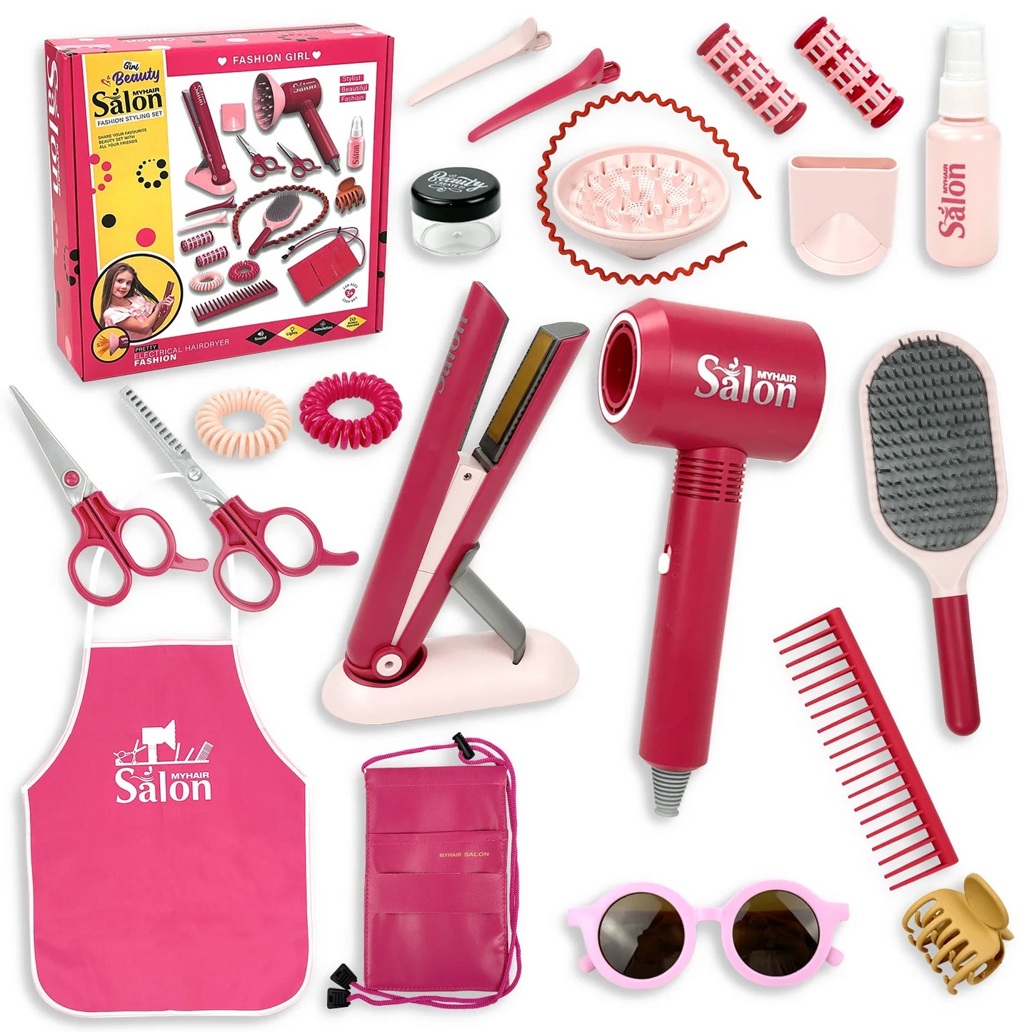 Girls Beauty Hair Salon Toy Kit Play Makeup Set with Blow Dryer Barber Costume Apron for 3+ Years Old Girl Birthday Gifts