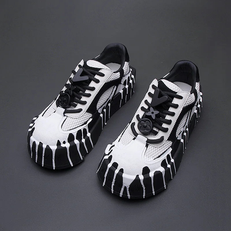The 2025 summer new fashion design thick-soled board shoes for men and black and white two-tone casual shoes for men