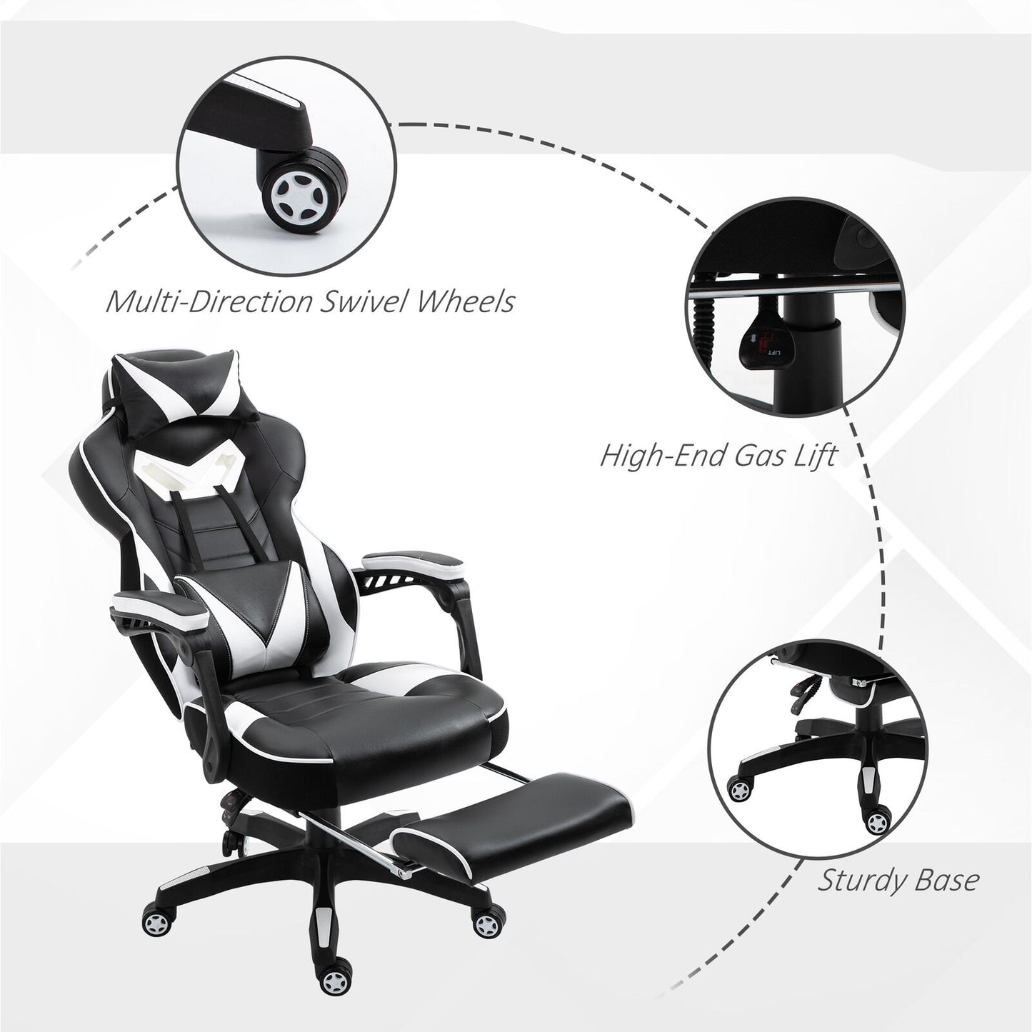 Vinsetto Gaming Chair Ergonomic Reclining Manual Footrest Wheels Stylish White