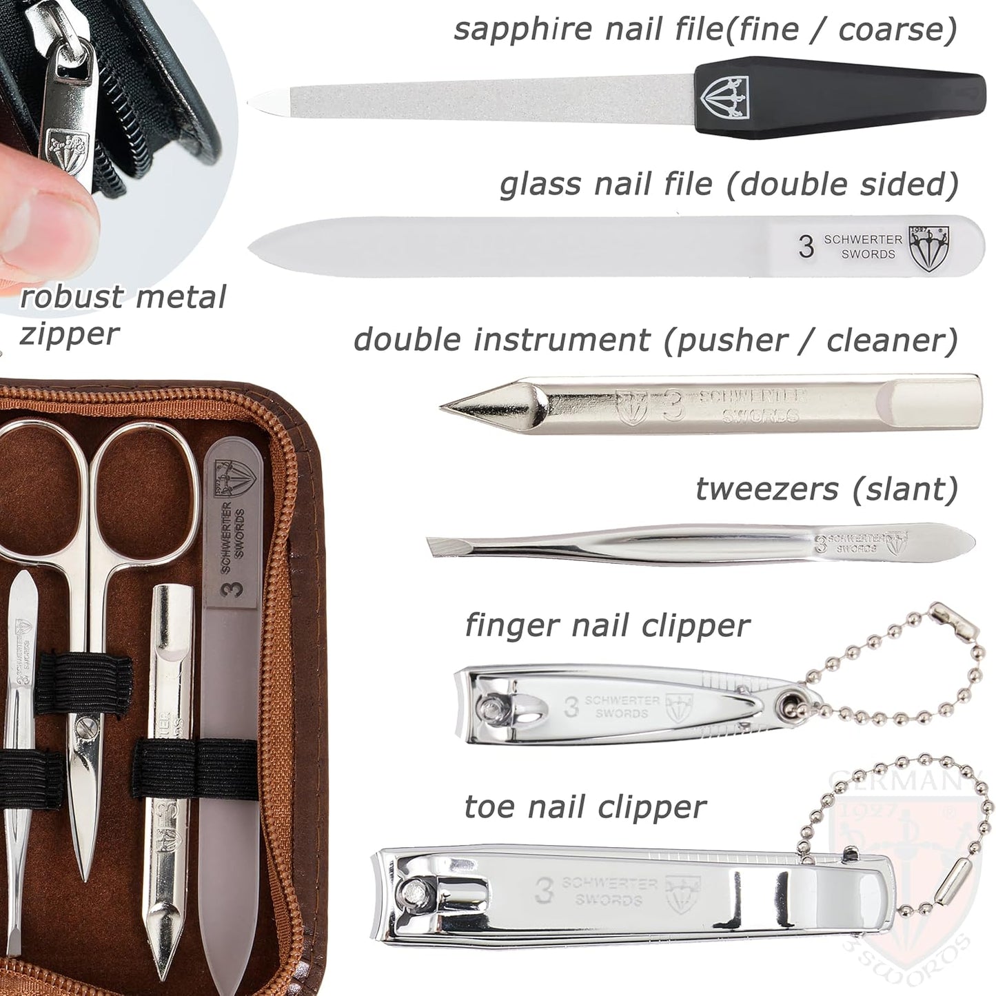 - Brand Quality 8 Piece Manicure Pedicure Grooming Kit Set for Professional Finger & Toe Nail Care Scissors Clipper Fashion Leather Case in Gift Box, Made by 3 Swords (6660)