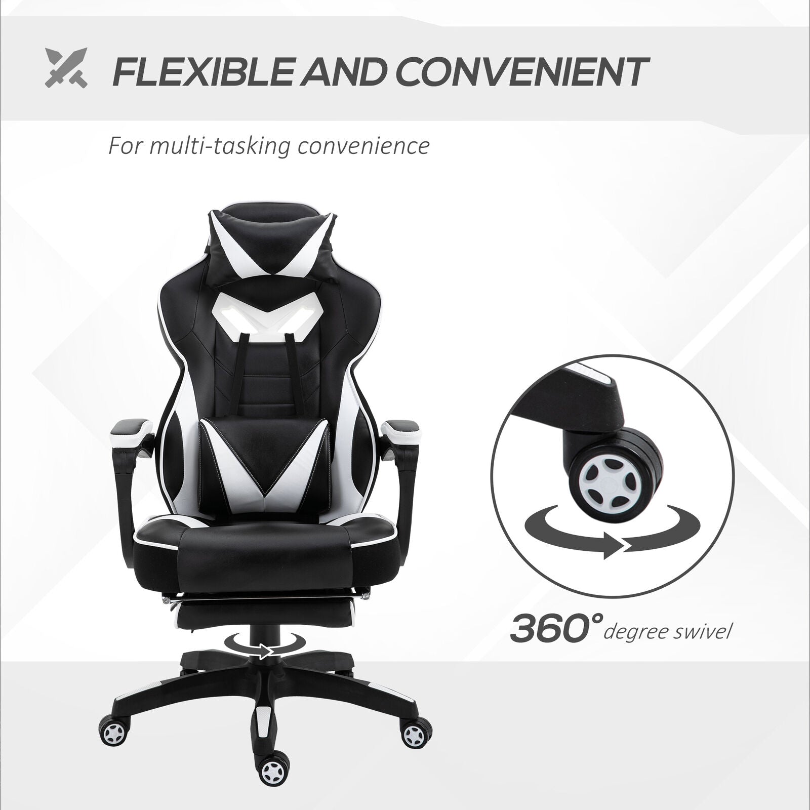 Vinsetto Gaming Chair Ergonomic Reclining Manual Footrest Wheels Stylish White