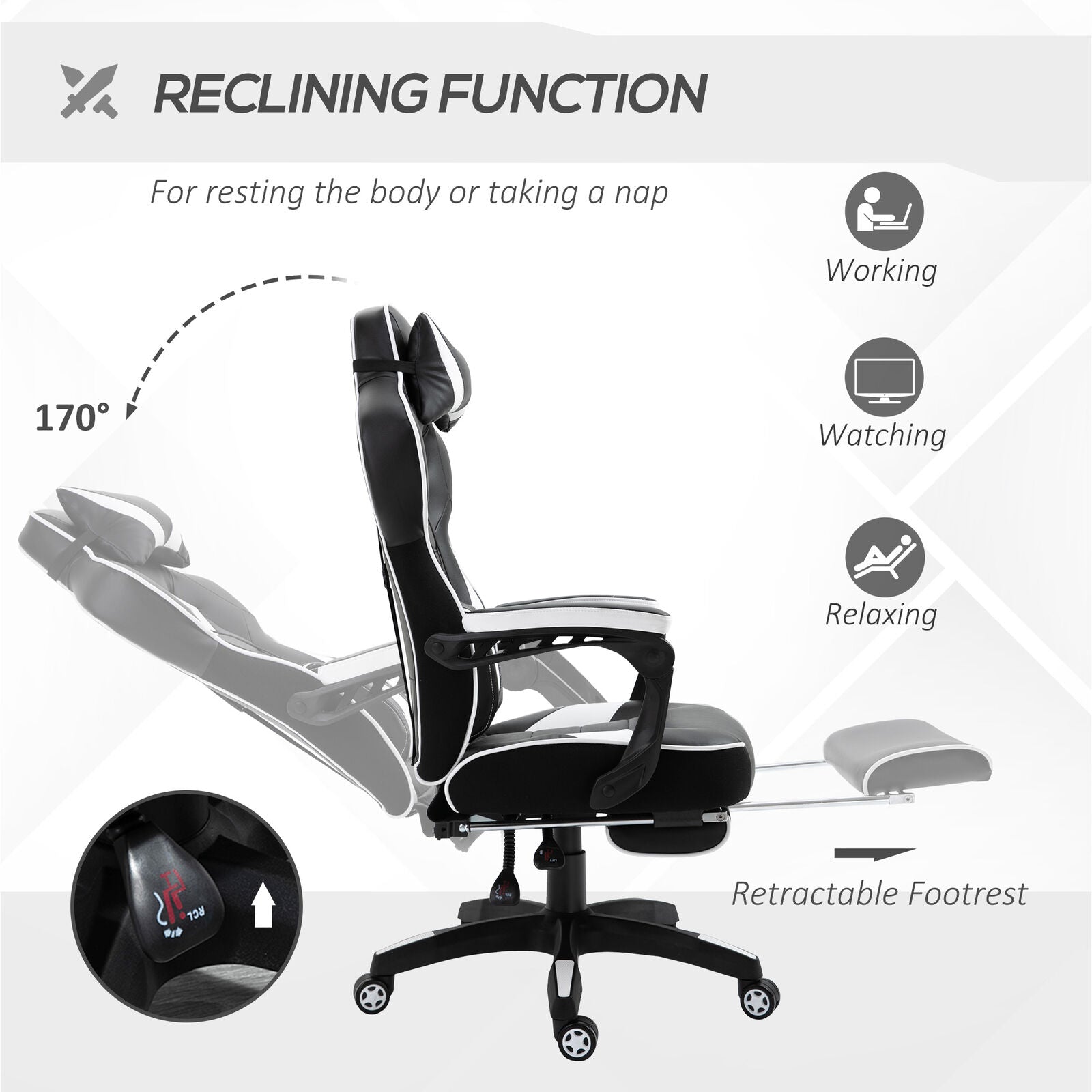 Vinsetto Gaming Chair Ergonomic Reclining Manual Footrest Wheels Stylish White