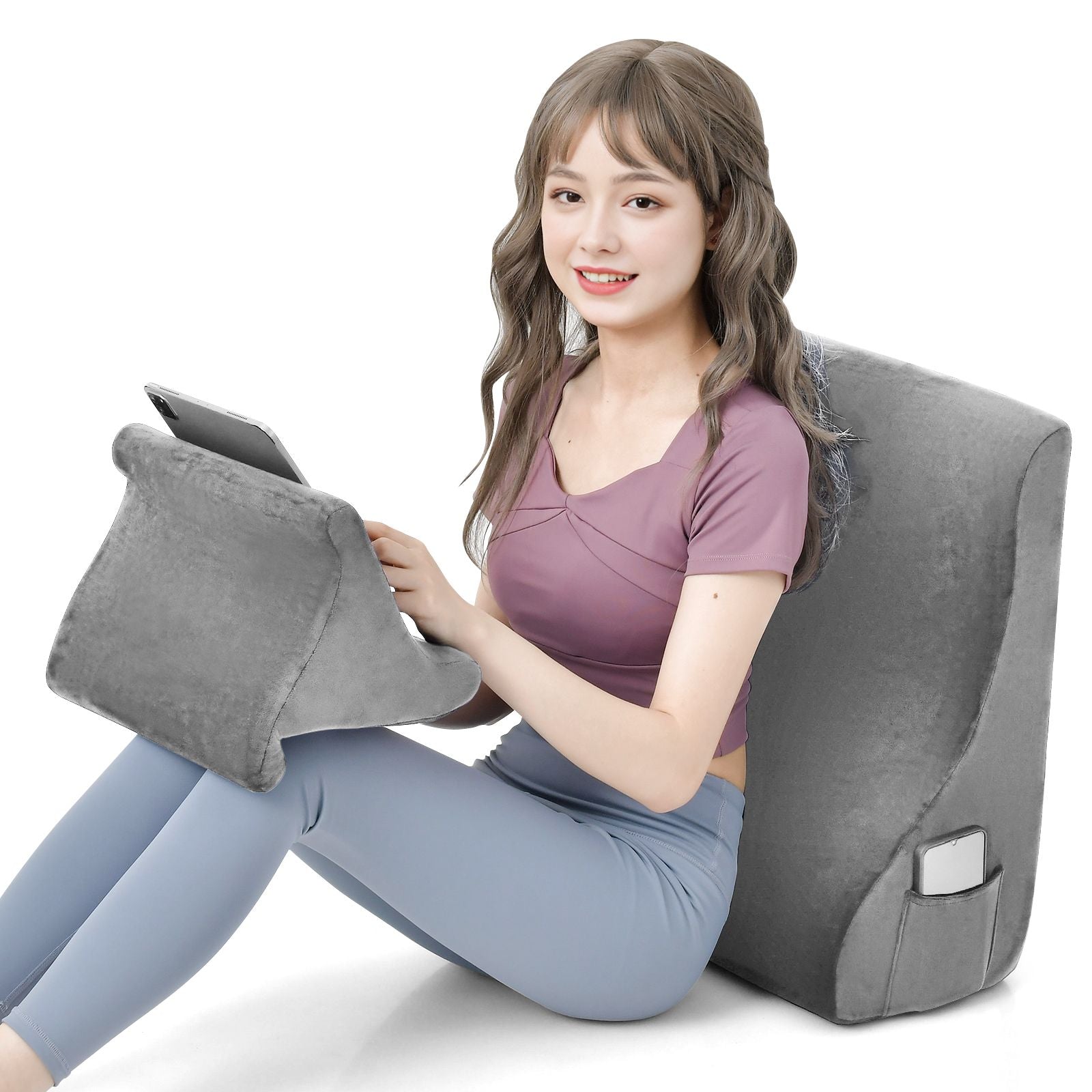 Wedge Pillow Set with Tablet Pillow Stand and Sidepockets