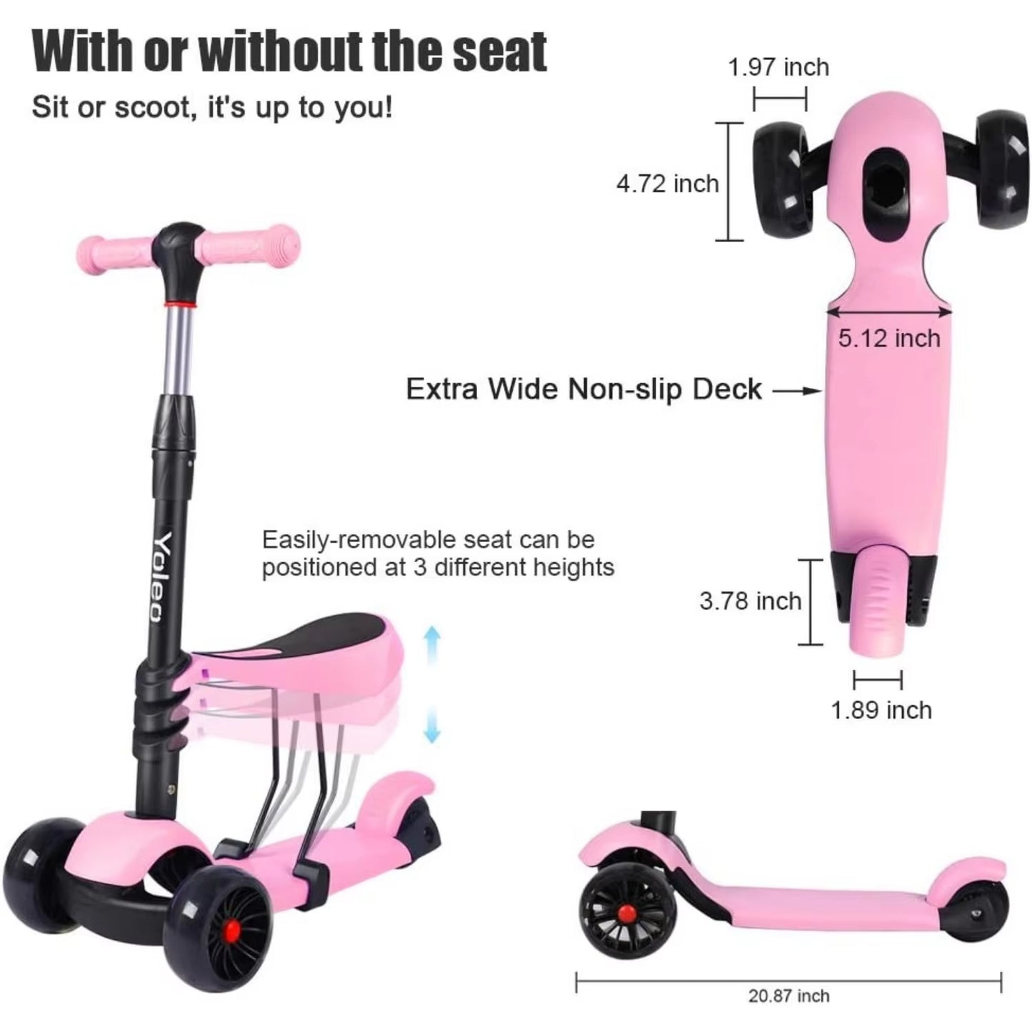 Kids Three Wheel Kick Scooter, LED Flashing Wheels, Height Adjustable, 3-In-1 Lightweight Children'S Scooter for Aged 2-8