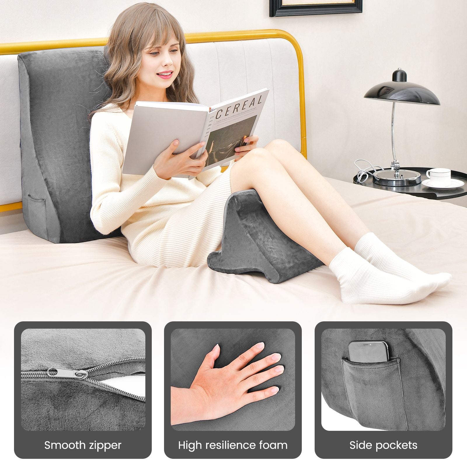 Wedge Pillow Set with Tablet Pillow Stand and Sidepockets