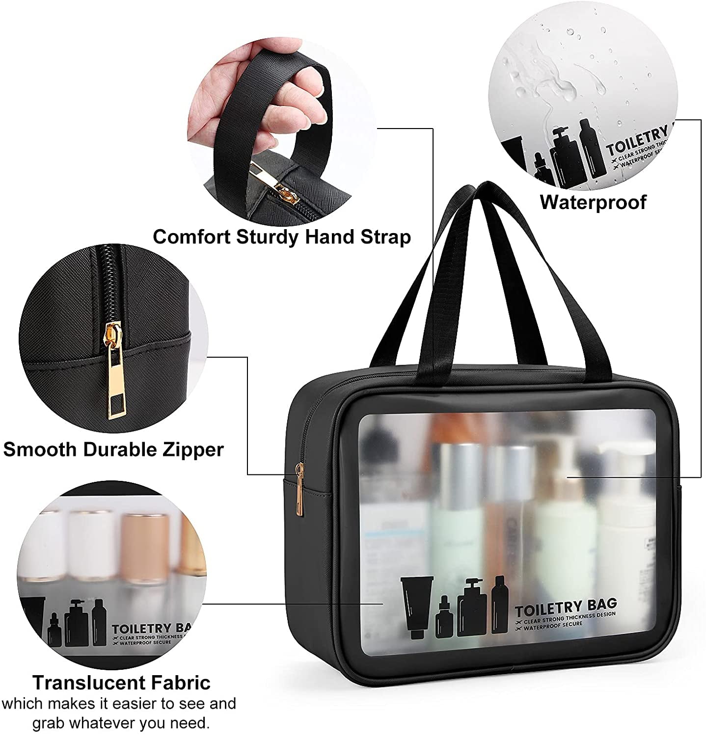 Toiletry Bag  3 PCS Clear Travel Toiletries Bag Wash Bag Translucent PVC Waterproof Makeup Bag with Zipper Toiletry Bags for Women Men(Black)