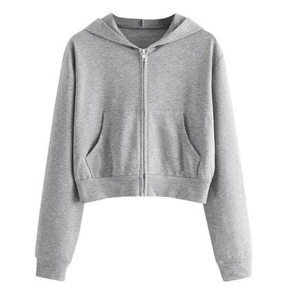 Draw String Zip Up Cropped Hoodies For Teen Girls Black White Gray Hooded Sweatshirts Harajuku Korean Fashion Crop Tops Jackets