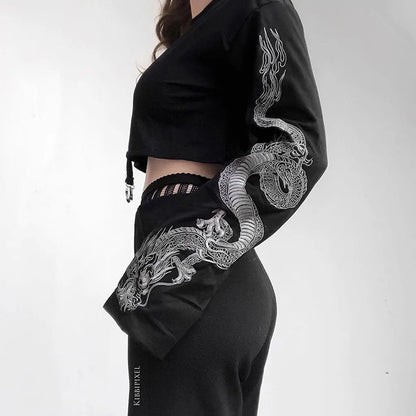 Gothic Punk Dragon Printed Hoodies Cropped Black Sweatshirts Streetwear Long Sleeve Crewneck Blouse Pull Femme Moletom Sudaderas