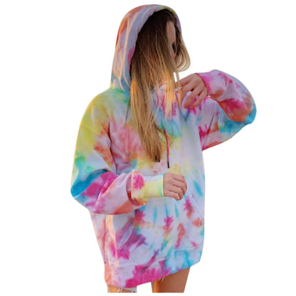 Streetwear Womens Hooded Sweatshirts Oversized Tie Dye Printed Pullover Casual Winter Long Sleeve Blouse Korean O-Neck Sudaderas