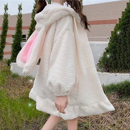 Women Zip-up Hoodies Rabbit Ears Hooded Kawaii Hoodies Large Size Lolita Cute Sweet Girls Warm Winter Harajuku Sweatshirt