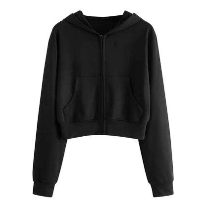 Draw String Zip Up Cropped Hoodies For Teen Girls Black White Gray Hooded Sweatshirts Harajuku Korean Fashion Crop Tops Jackets