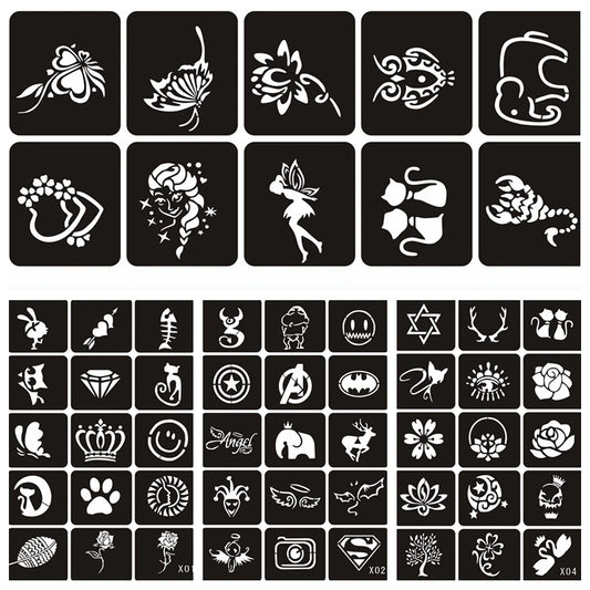 70pcs/5 Sheets Small Glitter Henna Tattoo Stencil for Woman Girl Kids Flower Butterfly Cartoon Airbrush Tattoo Drawing Template