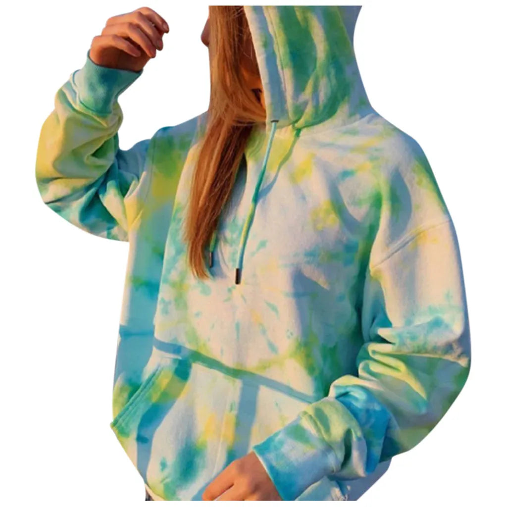 Streetwear Womens Hooded Sweatshirts Oversized Tie Dye Printed Pullover Casual Winter Long Sleeve Blouse Korean O-Neck Sudaderas