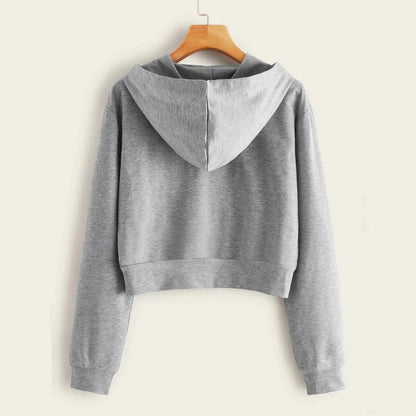 Draw String Zip Up Cropped Hoodies For Teen Girls Black White Gray Hooded Sweatshirts Harajuku Korean Fashion Crop Tops Jackets