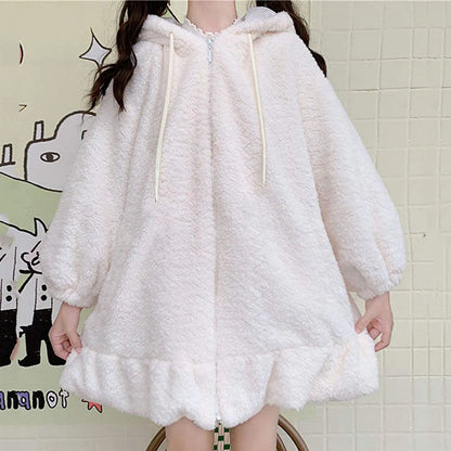 Women Zip-up Hoodies Rabbit Ears Hooded Kawaii Hoodies Large Size Lolita Cute Sweet Girls Warm Winter Harajuku Sweatshirt