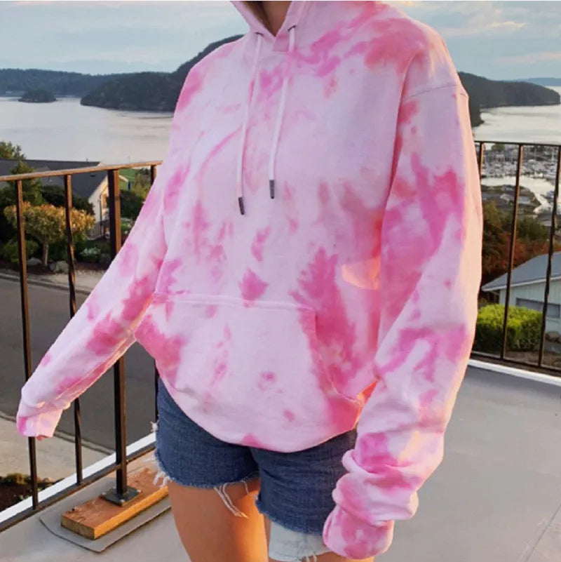 Streetwear Womens Hooded Sweatshirts Oversized Tie Dye Printed Pullover Casual Winter Long Sleeve Blouse Korean O-Neck Sudaderas