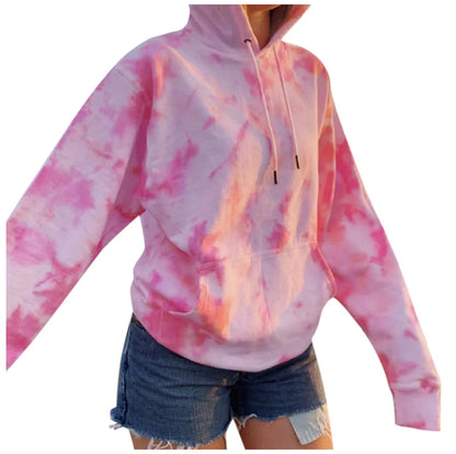 Streetwear Womens Hooded Sweatshirts Oversized Tie Dye Printed Pullover Casual Winter Long Sleeve Blouse Korean O-Neck Sudaderas