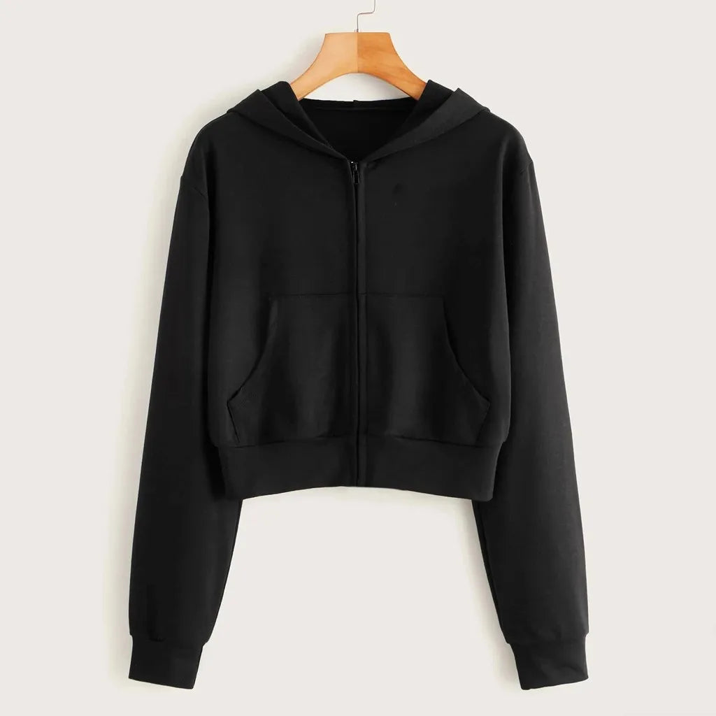 Draw String Zip Up Cropped Hoodies For Teen Girls Black White Gray Hooded Sweatshirts Harajuku Korean Fashion Crop Tops Jackets