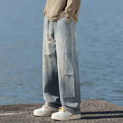 Jeans men's American high street vintage washed crease splicing men's spring and fall models loose straight pants