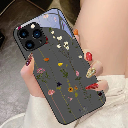 Green Tempered Glass Phone Case For IPhone 15 Pro 14 13 12 Mini 11 XS Max XR 7 8 Plu SE 2020 2022 Spring Light Vine Small Flower