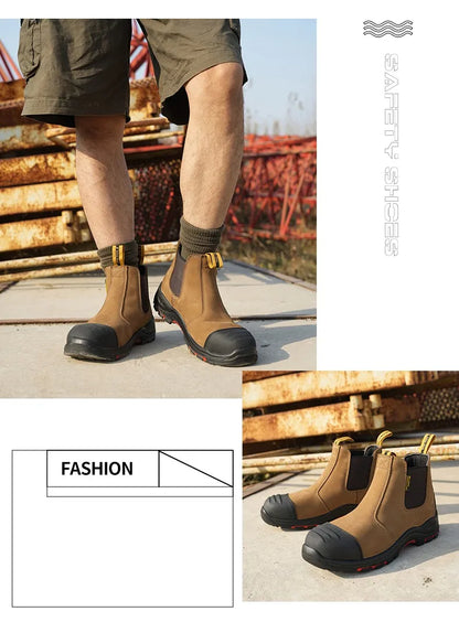 Luxury High-top Men's Safety Shoes Cowhide Boots  Lace Free Steel Toe Anti Impact Anti Puncture Wear Resistant Plus Size Shoes