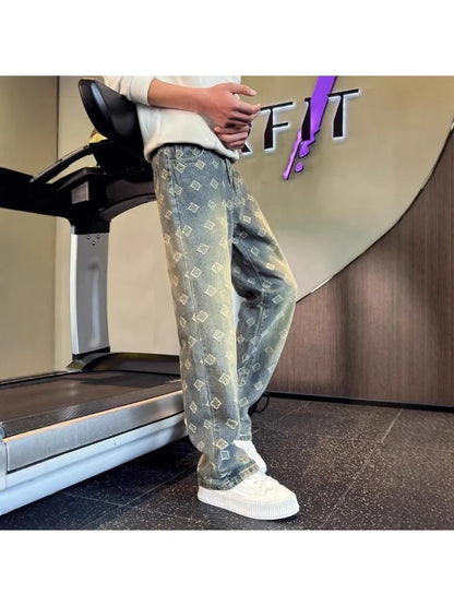 2025 Jacquard Full Print High Street Trendy Brand Ins Design Sense Jeans Loose Straight Tube Washed Wide Leg Long Pants