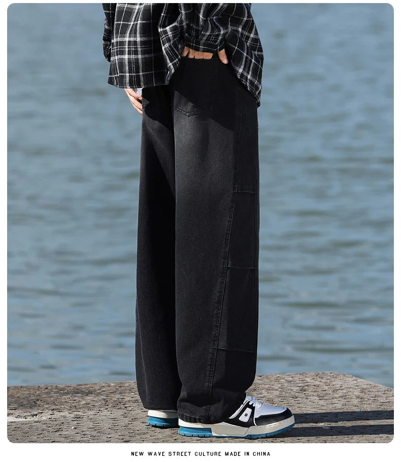 Jeans men's American high street vintage washed crease splicing men's spring and fall models loose straight pants