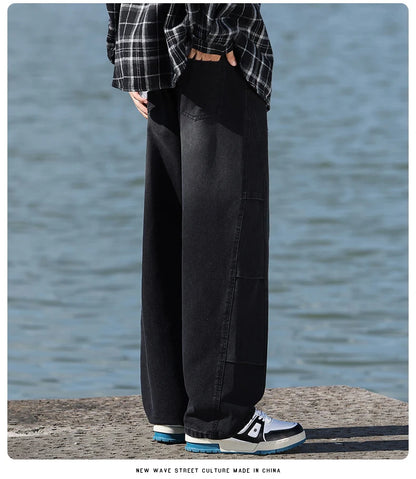 Jeans men's American high street vintage washed crease splicing men's spring and fall models loose straight pants