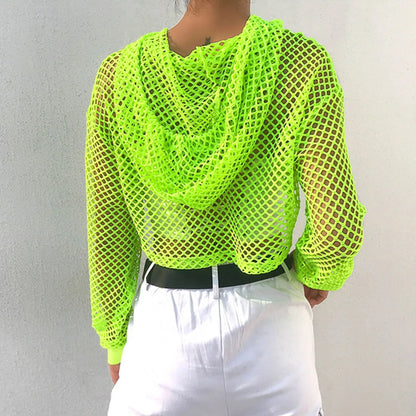 Neon Green Mesh Fishnet Crop Top Women Perspective Smock Long Sleeve Sweatshirt  Women's T-shirts Sexy Cropped Shirt Streetwear