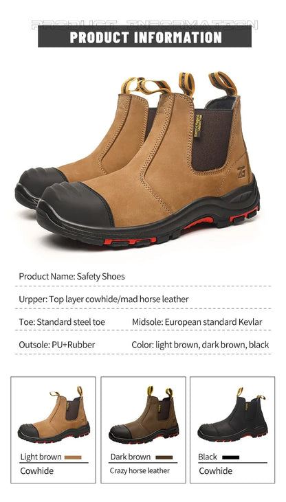 Luxury High-top Men's Safety Shoes Cowhide Boots  Lace Free Steel Toe Anti Impact Anti Puncture Wear Resistant Plus Size Shoes