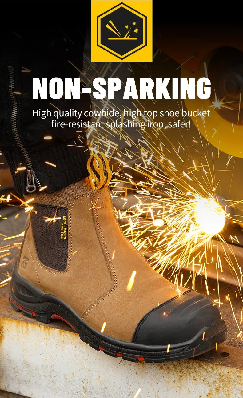 Luxury High-top Men's Safety Shoes Cowhide Boots  Lace Free Steel Toe Anti Impact Anti Puncture Wear Resistant Plus Size Shoes