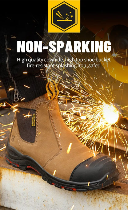 Luxury High-top Men's Safety Shoes Cowhide Boots  Lace Free Steel Toe Anti Impact Anti Puncture Wear Resistant Plus Size Shoes