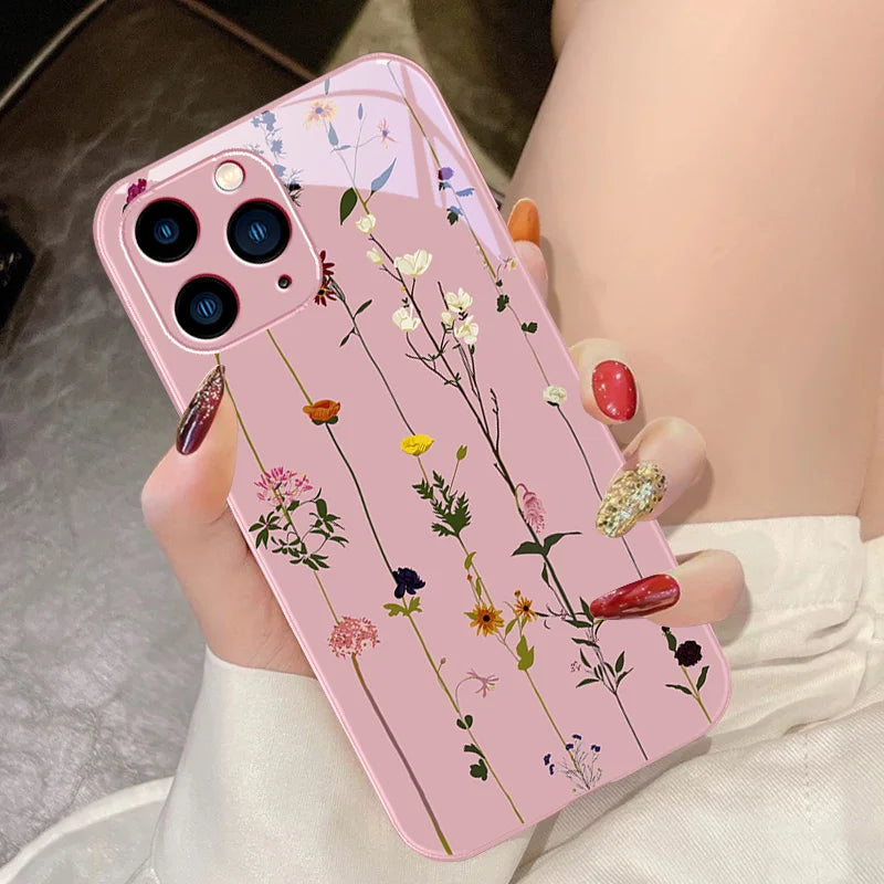 Green Tempered Glass Phone Case For IPhone 15 Pro 14 13 12 Mini 11 XS Max XR 7 8 Plu SE 2020 2022 Spring Light Vine Small Flower