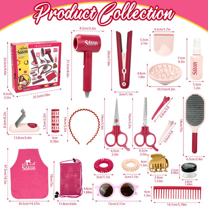 Girls Beauty Hair Salon Toy Kit Play Makeup Set with Blow Dryer Barber Costume Apron for 3+ Years Old Girl Birthday Gifts
