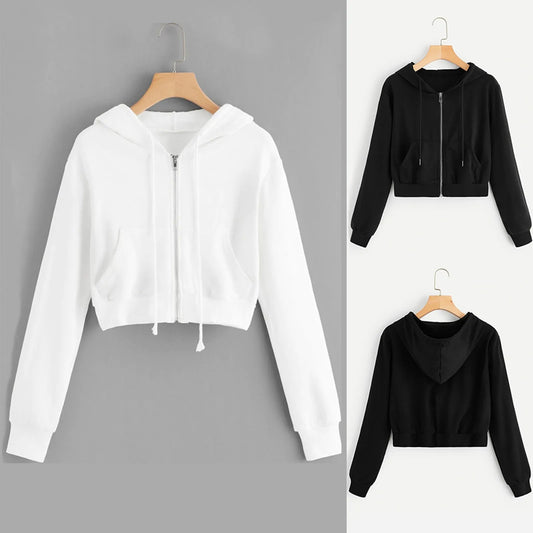 Korean Style Streetwear 2024 New Hooded Casual Solid Zipper Pocket Sleeve Sweatshirt Long Shirt Tops Women Women'S Blouse кофта