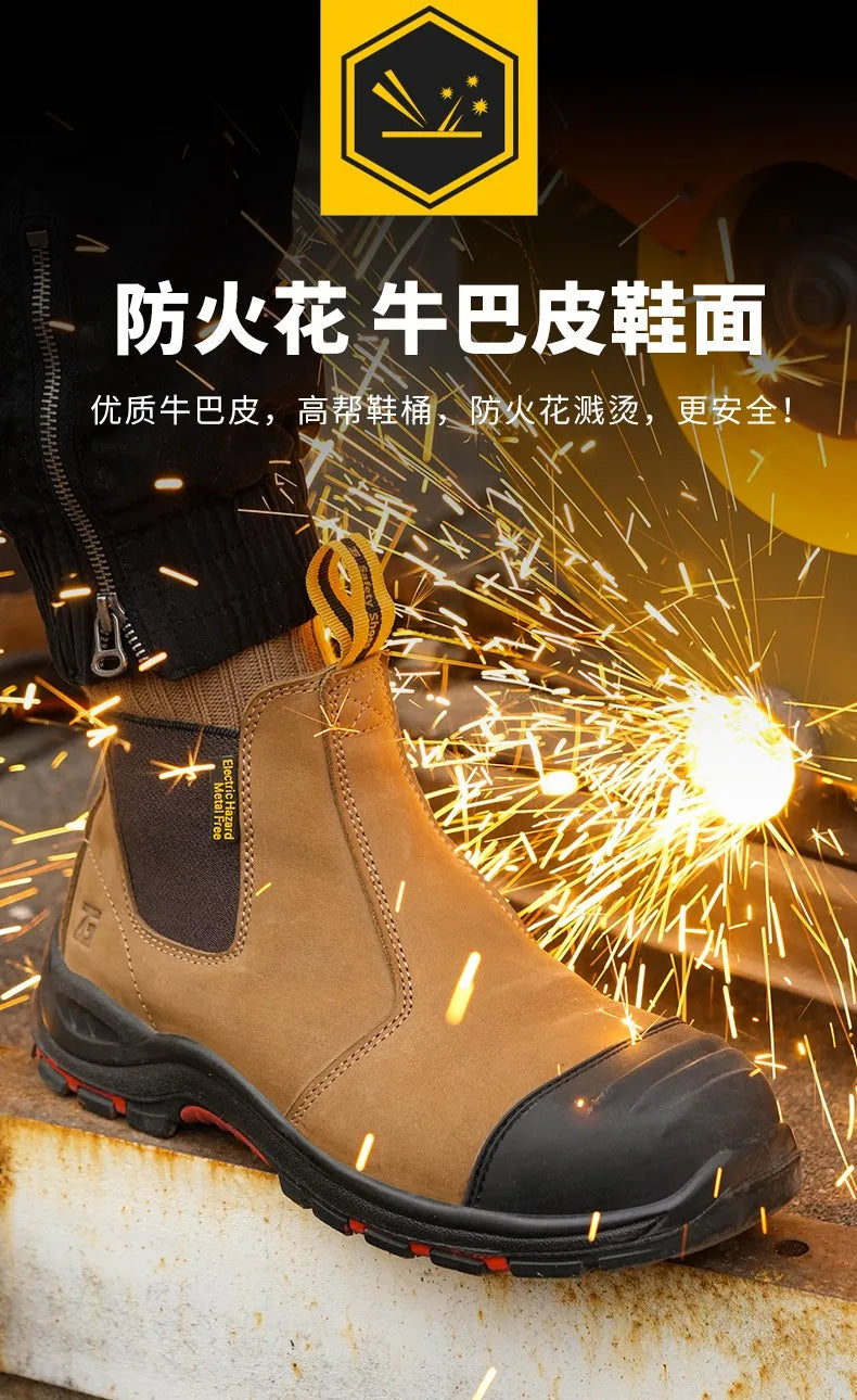 Luxury High-top Men's Safety Shoes Cowhide Boots  Lace Free Steel Toe Anti Impact Anti Puncture Wear Resistant Plus Size Shoes