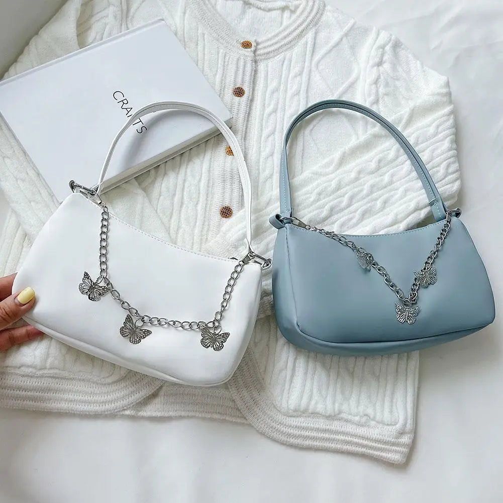 Stylish Butterfly Chain Shoulder Shopping Bags Women Small Pure Color Handbags Daily PU Leather Underarm Bags