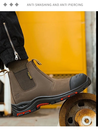 Luxury High-top Men's Safety Shoes Cowhide Boots  Lace Free Steel Toe Anti Impact Anti Puncture Wear Resistant Plus Size Shoes