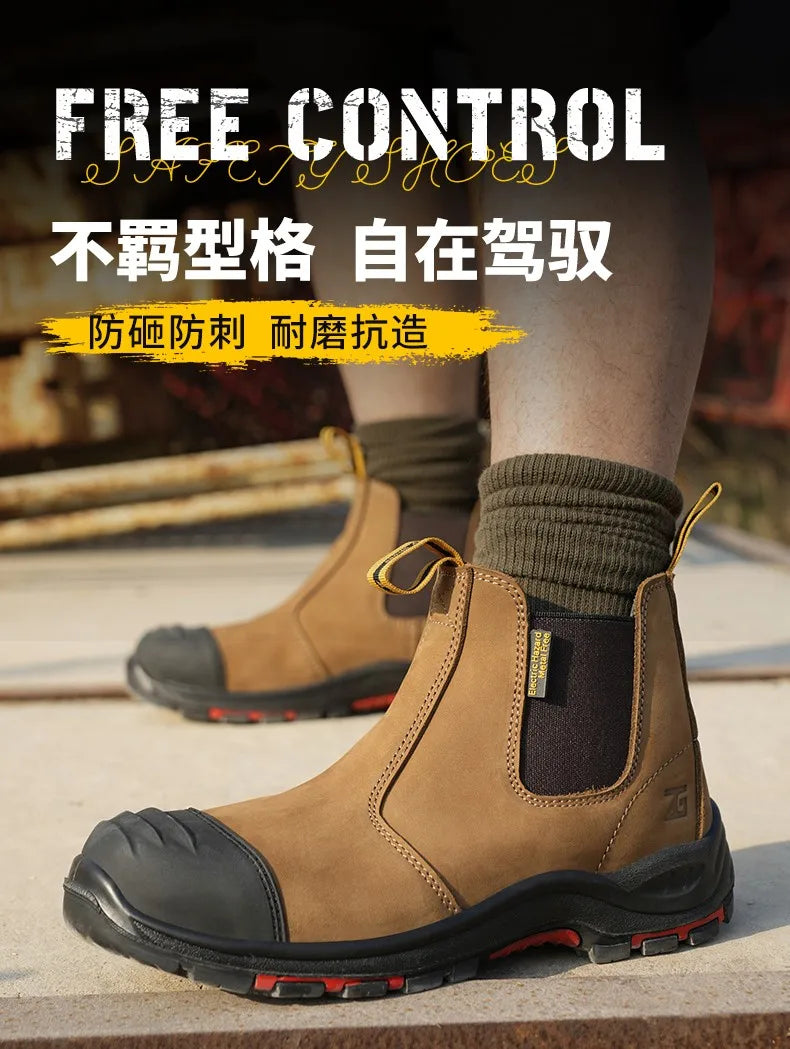 Luxury High-top Men's Safety Shoes Cowhide Boots  Lace Free Steel Toe Anti Impact Anti Puncture Wear Resistant Plus Size Shoes