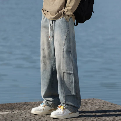 Jeans men's American high street vintage washed crease splicing men's spring and fall models loose straight pants