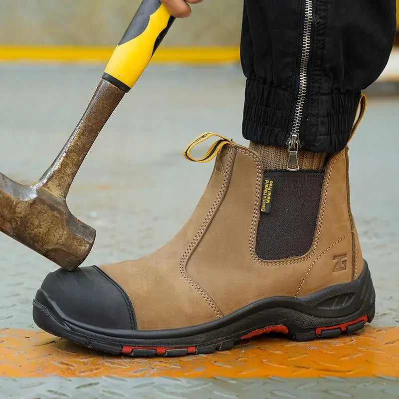Luxury High-top Men's Safety Shoes Cowhide Boots  Lace Free Steel Toe Anti Impact Anti Puncture Wear Resistant Plus Size Shoes